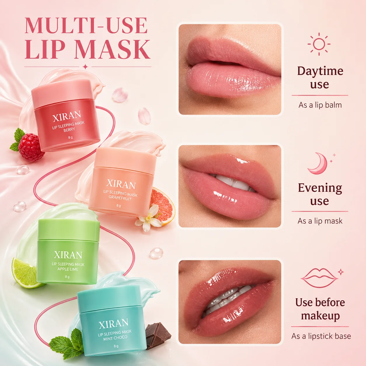 Xiran multi-use lip masks in four flavors (Berry, Grapefruit, Apple Lime, Mint Choco) alongside images showing lips in different looks for daytime, evening, and pre-makeup application.